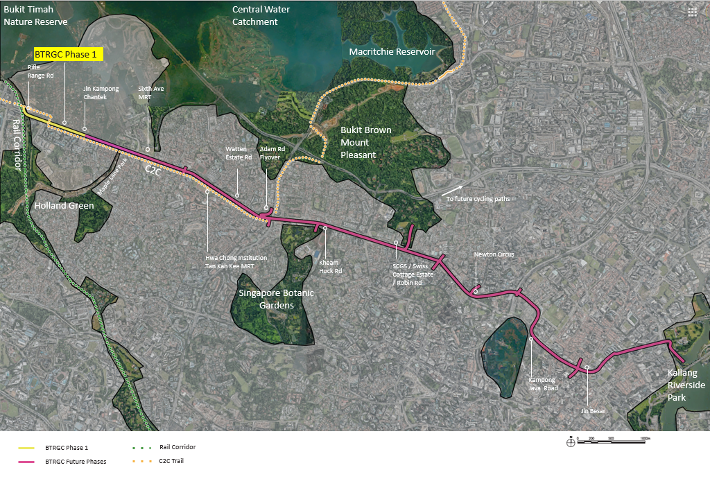 Map showing BTRGC Phase 1 route in yellow, future phases in white, and C2C Trail in magenta across various locations.